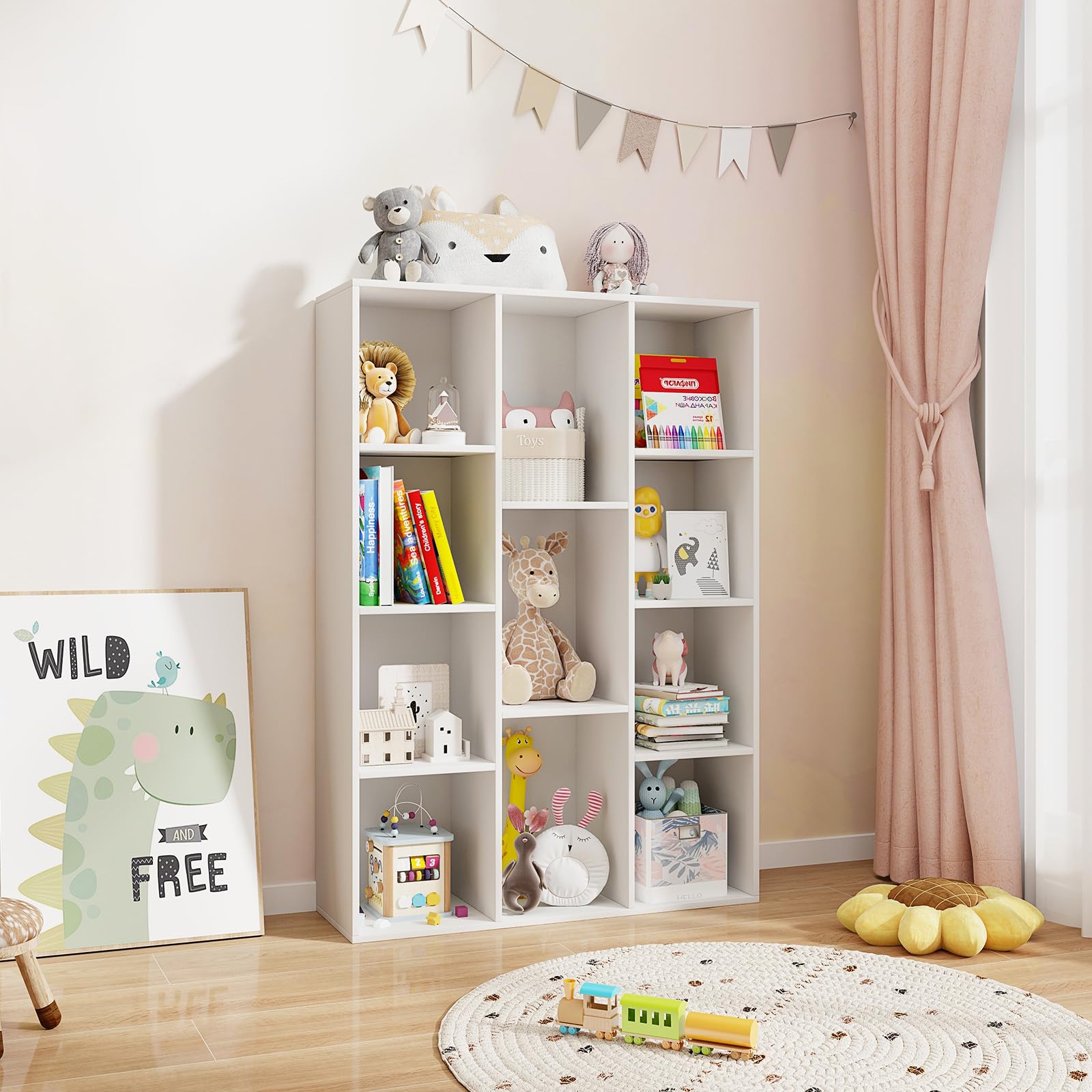 11 Cube Reversible Bookcase, Wooden Freestanding Open Bookshelf with Anti-tip Kits, Modern Storage Organizer Cabinet, Wood Display Book Shelf for Living Room, Bedroom, Playroom, White