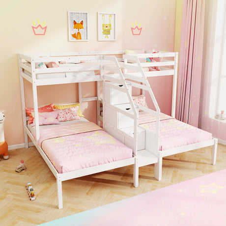 Twin Over Twin & Twin Bunk Bed, Triple Bunk Beds with 4-Step Storage Stair