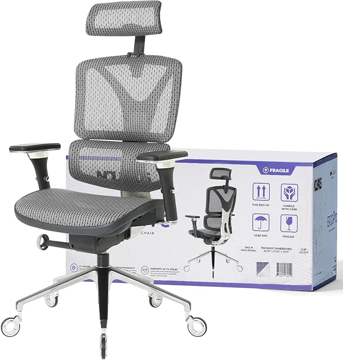 Ergonomic Office Chair Lumbar Support Aluminum Alloy Backrest, High Back Mesh Computer Desk Chair with Adjustable Headrest