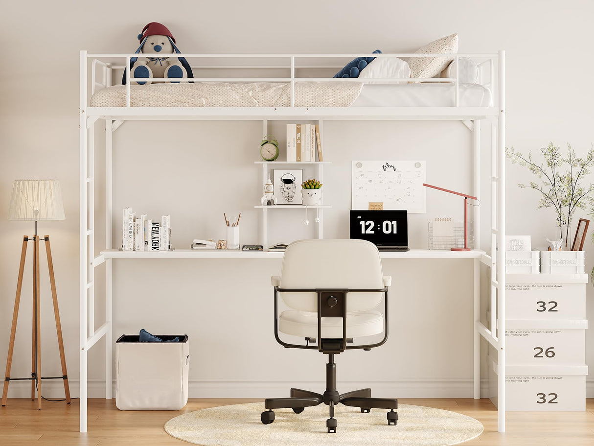 Twin Size Loft Bed with Desk, Multifunctional Metal Loft Bed Frame with Ladder and Full