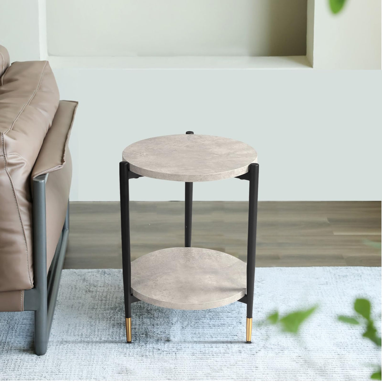 Round Side Table, 15.3" End Table with 2 MDF Shelves for Living Room, Bedroom