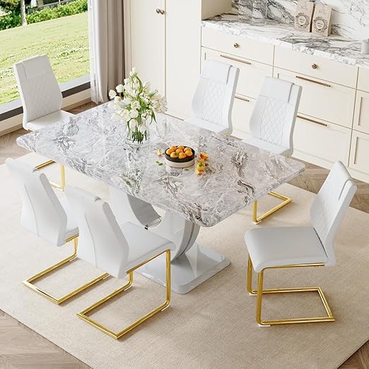 Modern 7-Piece Dining Set - 63" Faux Marble Table with 6 Upholstered Chairs