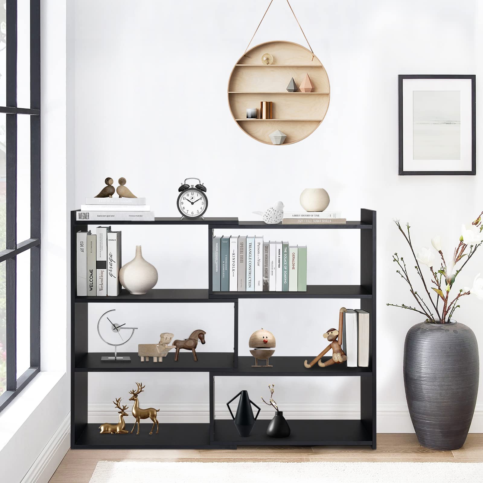 Tier Shelving Unit, Expandable 30-55 inch Wide, Large Corner Bookcase, Freestanding Book Storage Shelves for Home and Commercial Use, Black