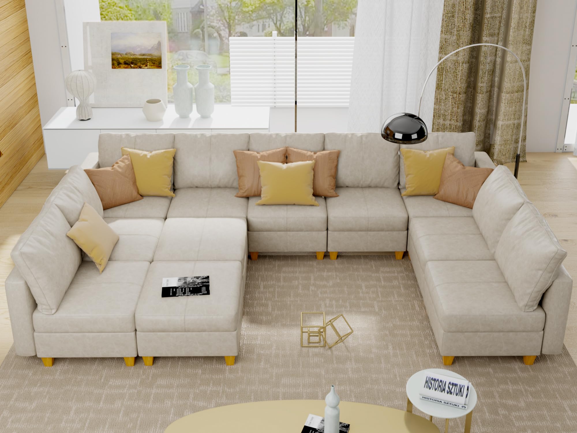 Large Modular Sectional Couch U Shaped Sofa with Storage, Faux Leather Modular Sofa 11 Seat Convertible