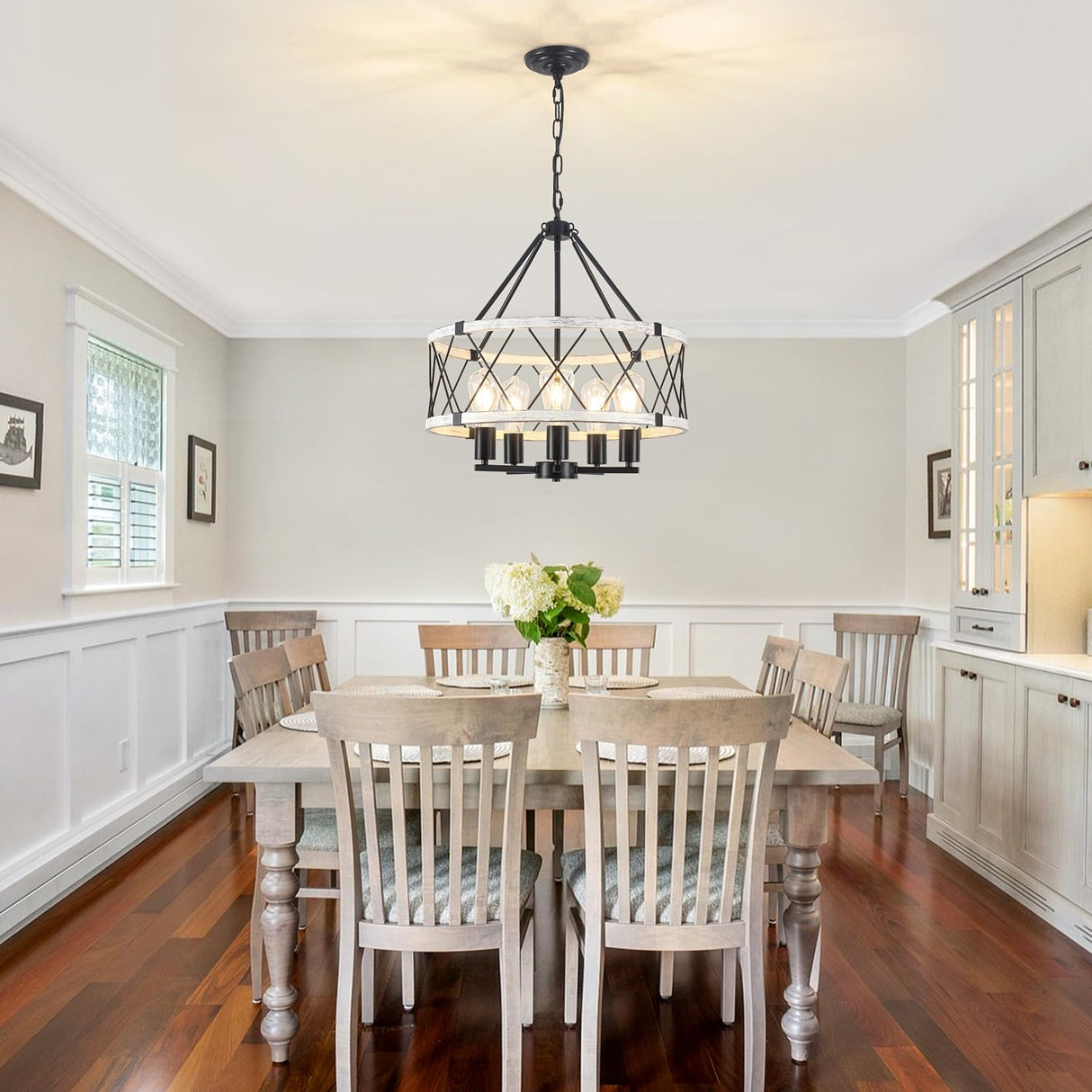 5-Light Farmhouse Chandelier for Dining Room, Rustic Wood Chandelier for Over Table