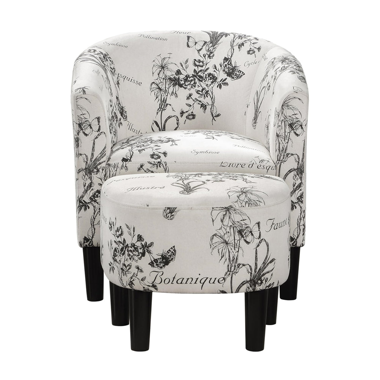 Convenience Concepts Take a Seat Churchill Accent Chair with Ottoman Set 26.25" - Contemporary Classic Mid-Back Barrel Chair with U-Shaped Ottoman for Living Room, Bedroom, Office, Botanical Print