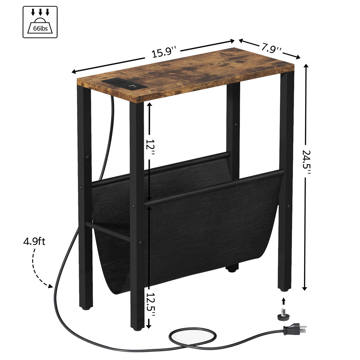 Narrow Side Table with Charging Station, Small End Table