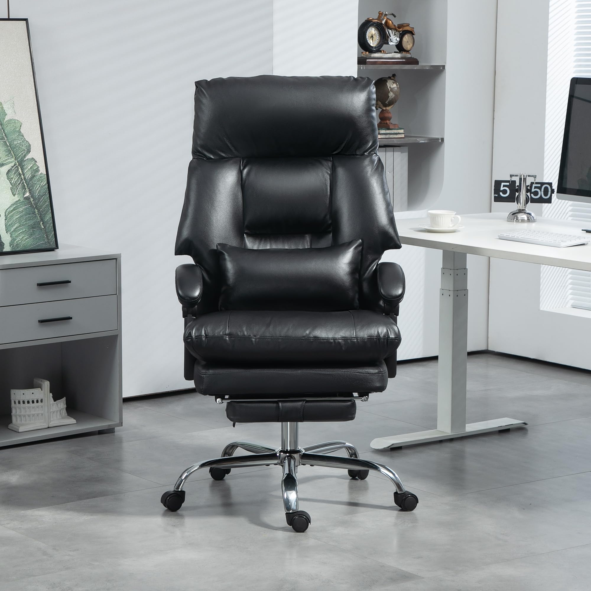 Overstuffed Executive Office Chair, High Back Desk Chair with Swivel Wheels, Foot Rest, Thick Padded, Reclining PU Leather Computer Chair, Black