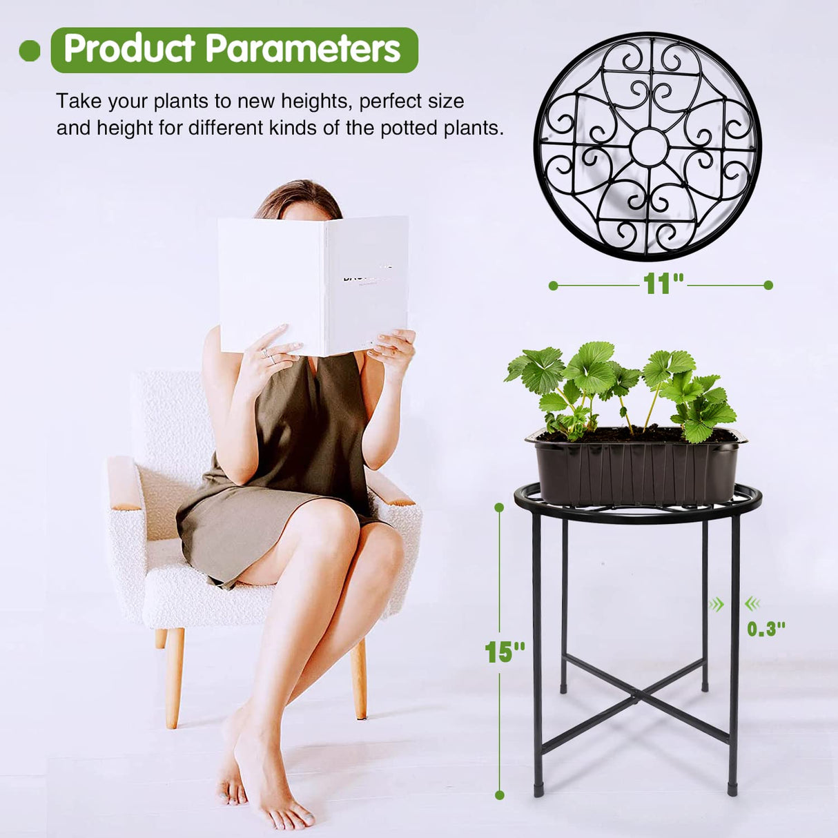 15" Tall Metal Plant Stand, 2 Pack 11" Wide Round Plant Stand for Flower