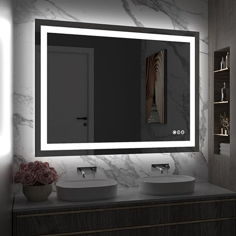 LED Bathroom Mirror 48"x 36" with Front and Backlight, Stepless Dimmable Wall Mirrors