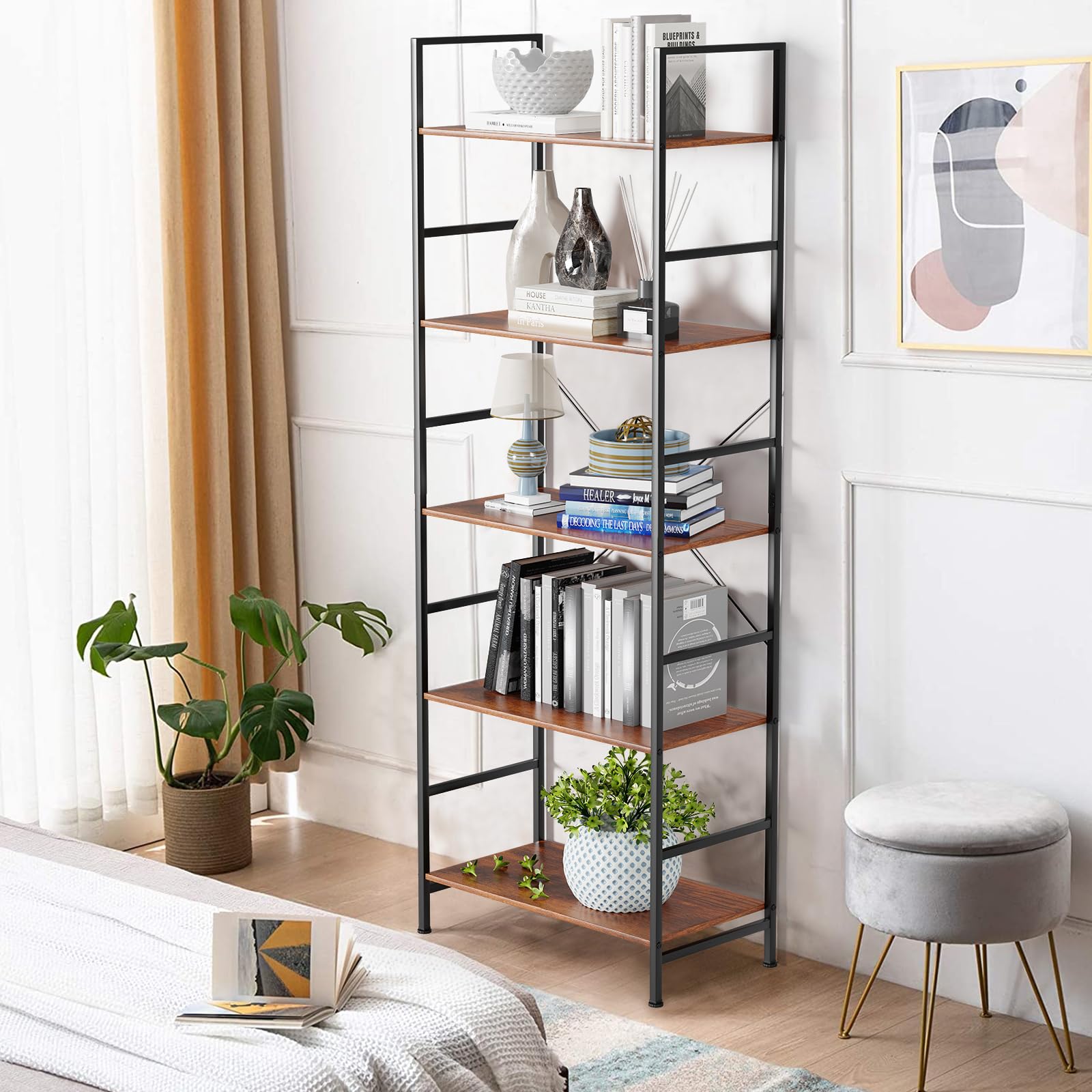 Bookshelf, Bookcase with 5 Tiers, Metal Frame Bookcase, Tall Bookcase Storage Organizer