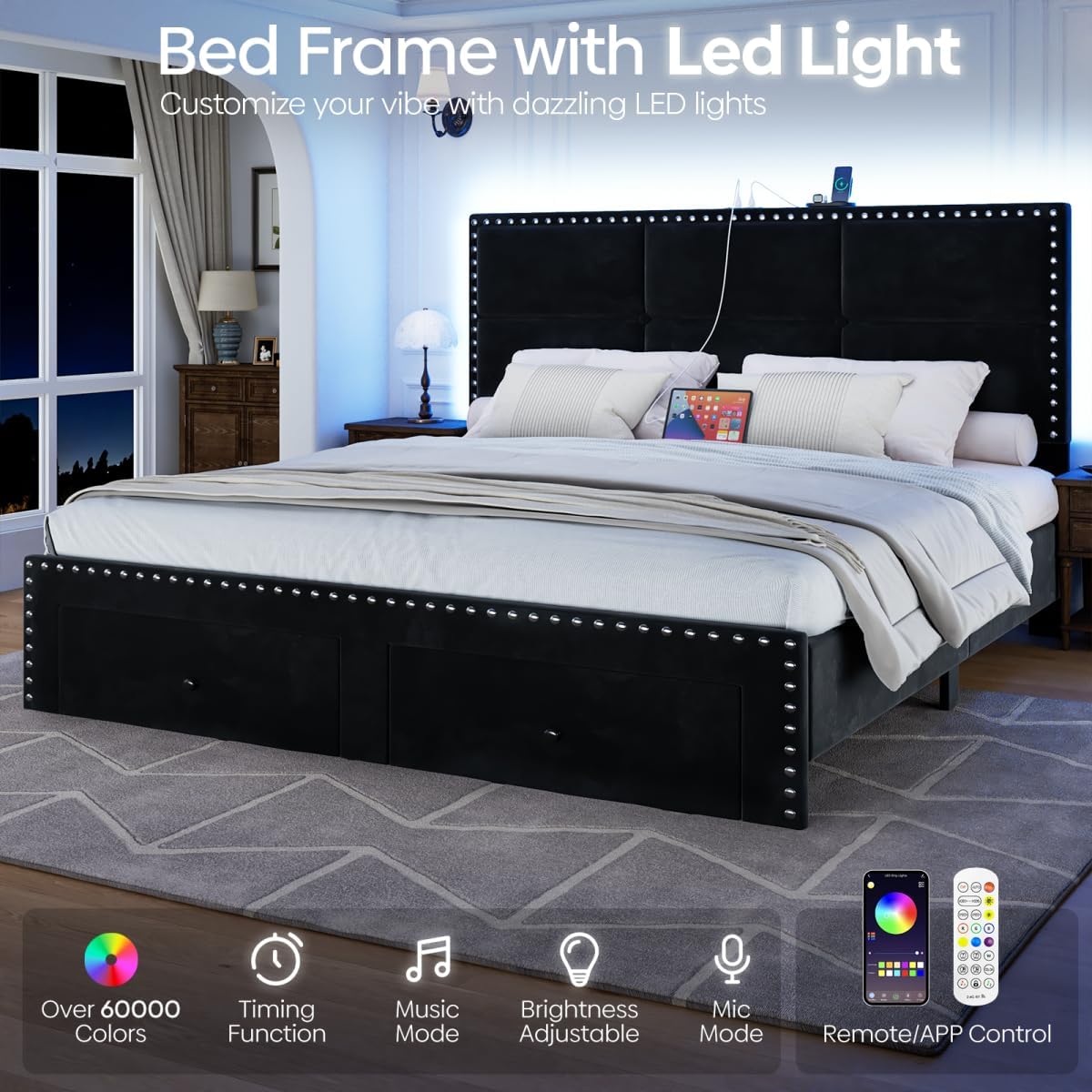 Queen Bed Frame with Storage Drawers and Charging Station