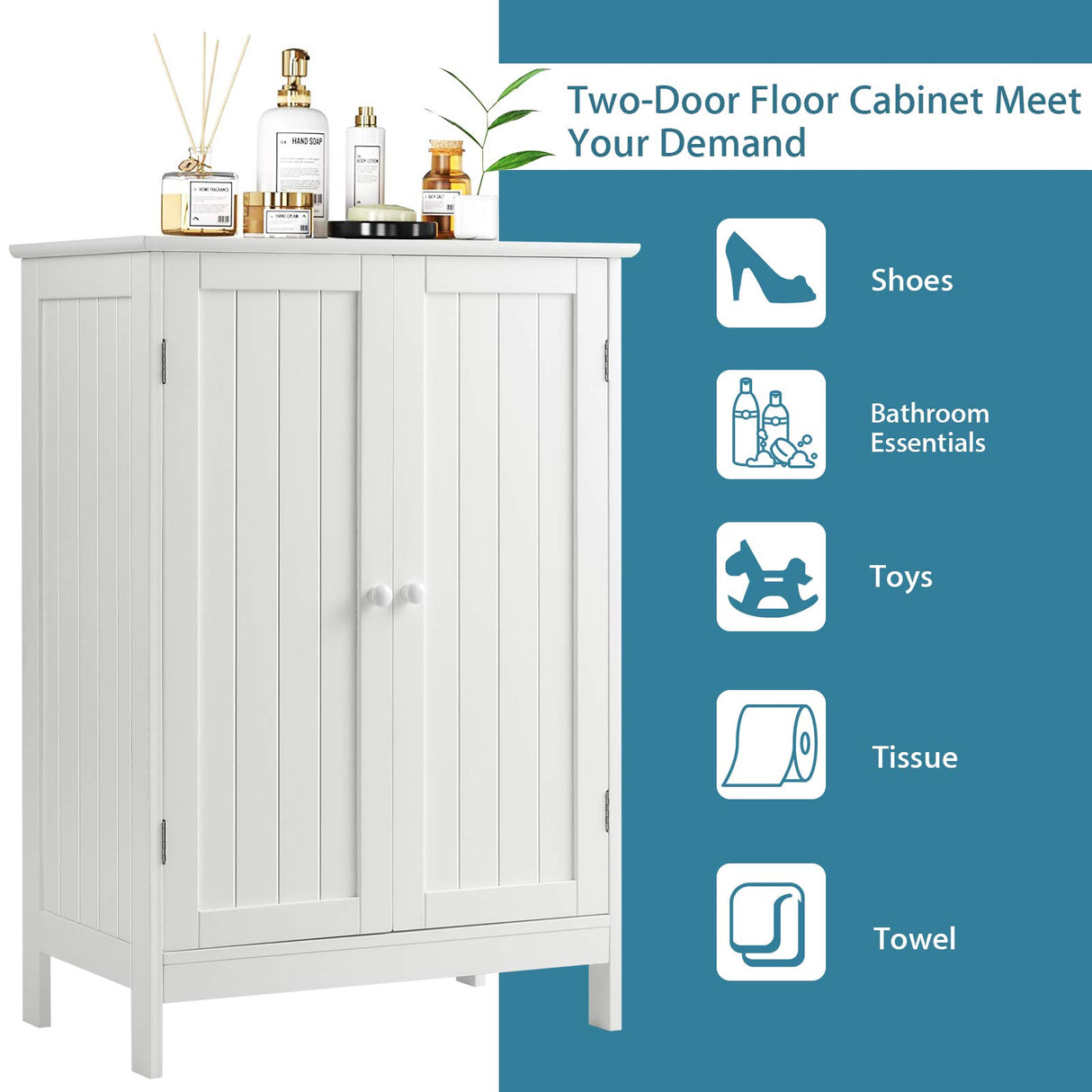 Bathroom Floor Cabinet, Freestanding Storage Cabinet with Double Doors and Shelf,