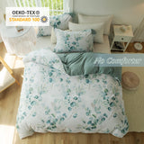 MILDLY Duvet Cover Leaf Pattern- 100% Washed Cotton Eucalyptus Printed Sage Green Comforter Cover Linen Feel Bedding Set with Zipper Closure 4 Ties Queen Size