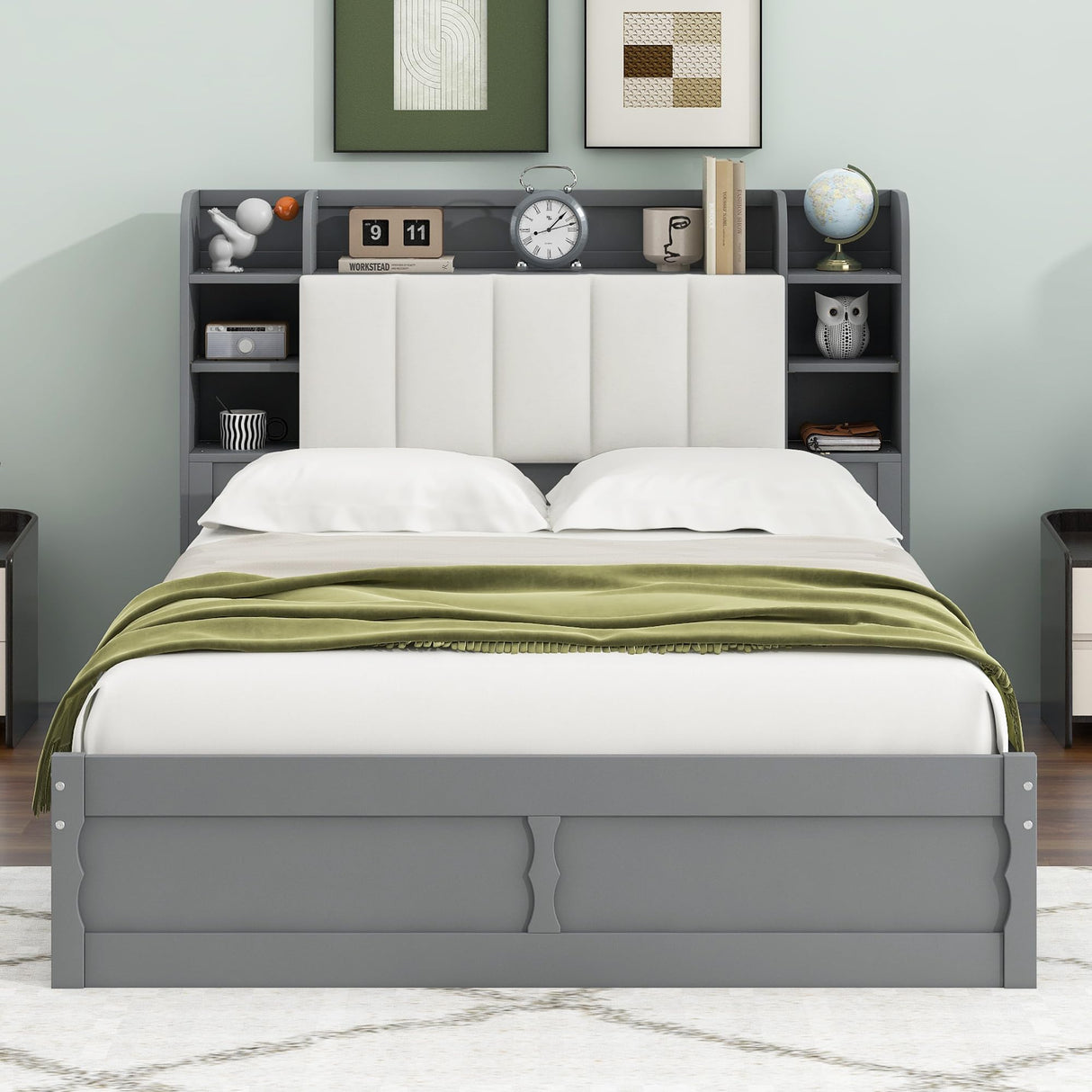 Queen Size Platform Bed with 2 Drawers, Wood Queen Size Platform Bed Frame