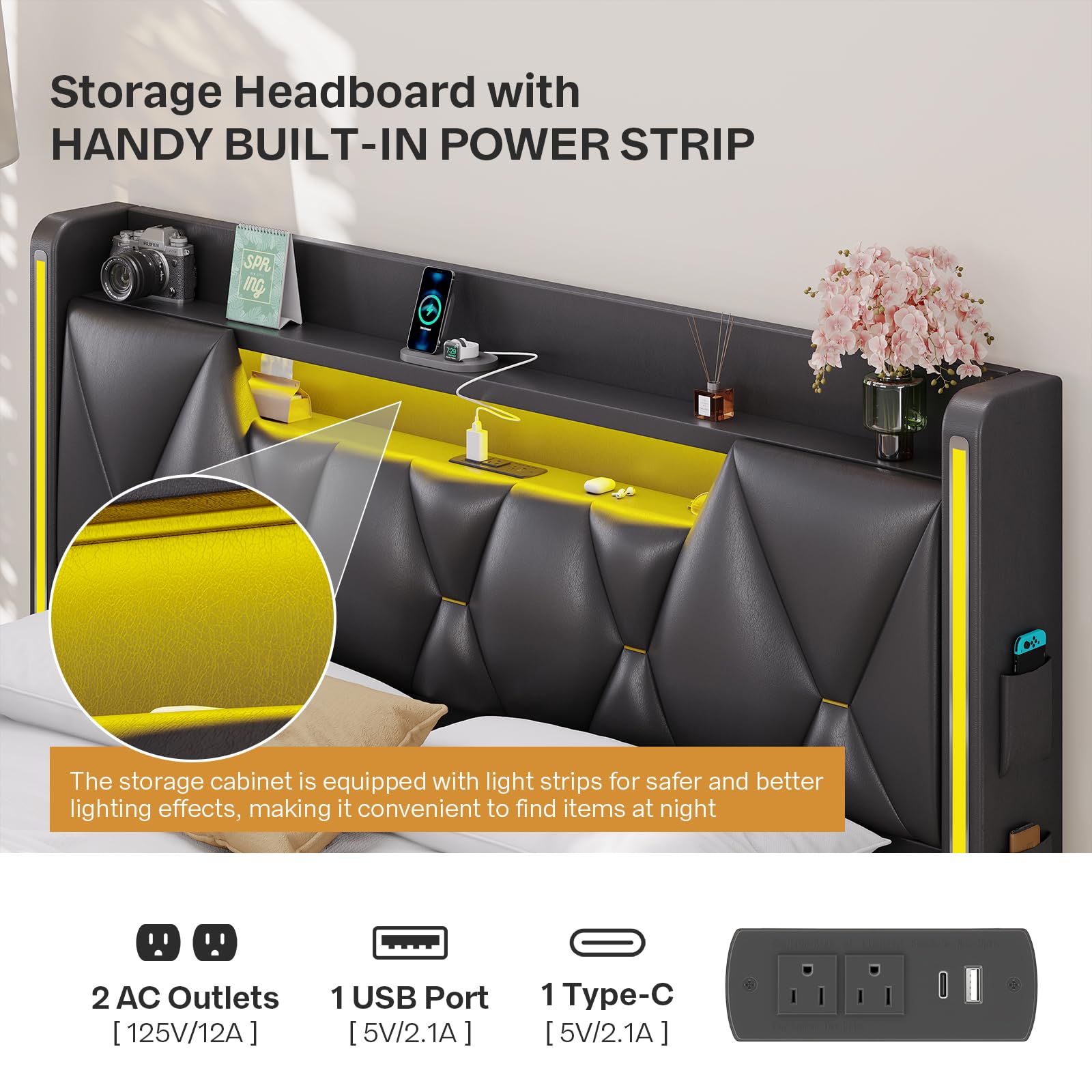 Floating Queen Bed Frame with LED Lights & Storage Headboard