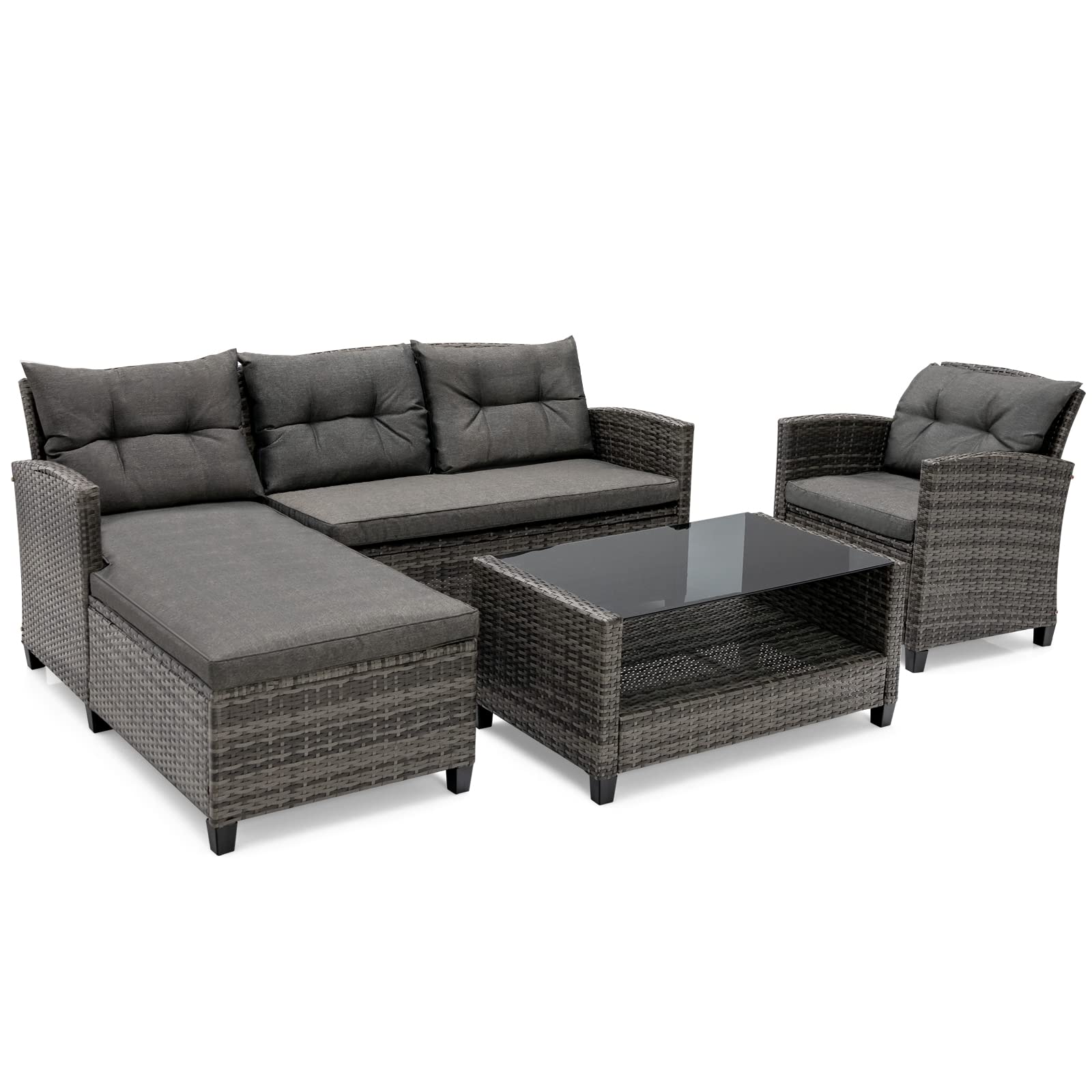 4 Pieces Patio Furniture Set Outdoor PE Wicker Sectional Sofa Set with Corner Sofa
