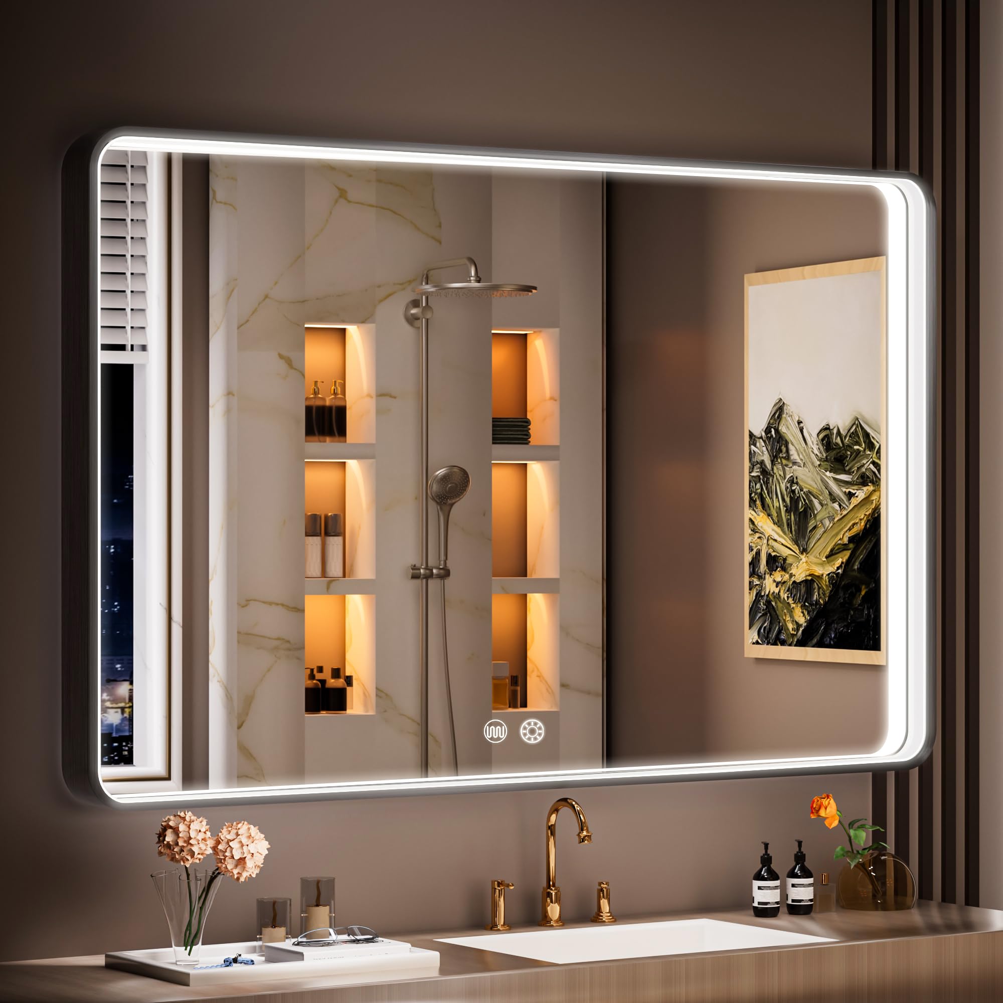 Bathroom Mirror with Lights, Rounded Rectangle Aluminum Alloy Frame