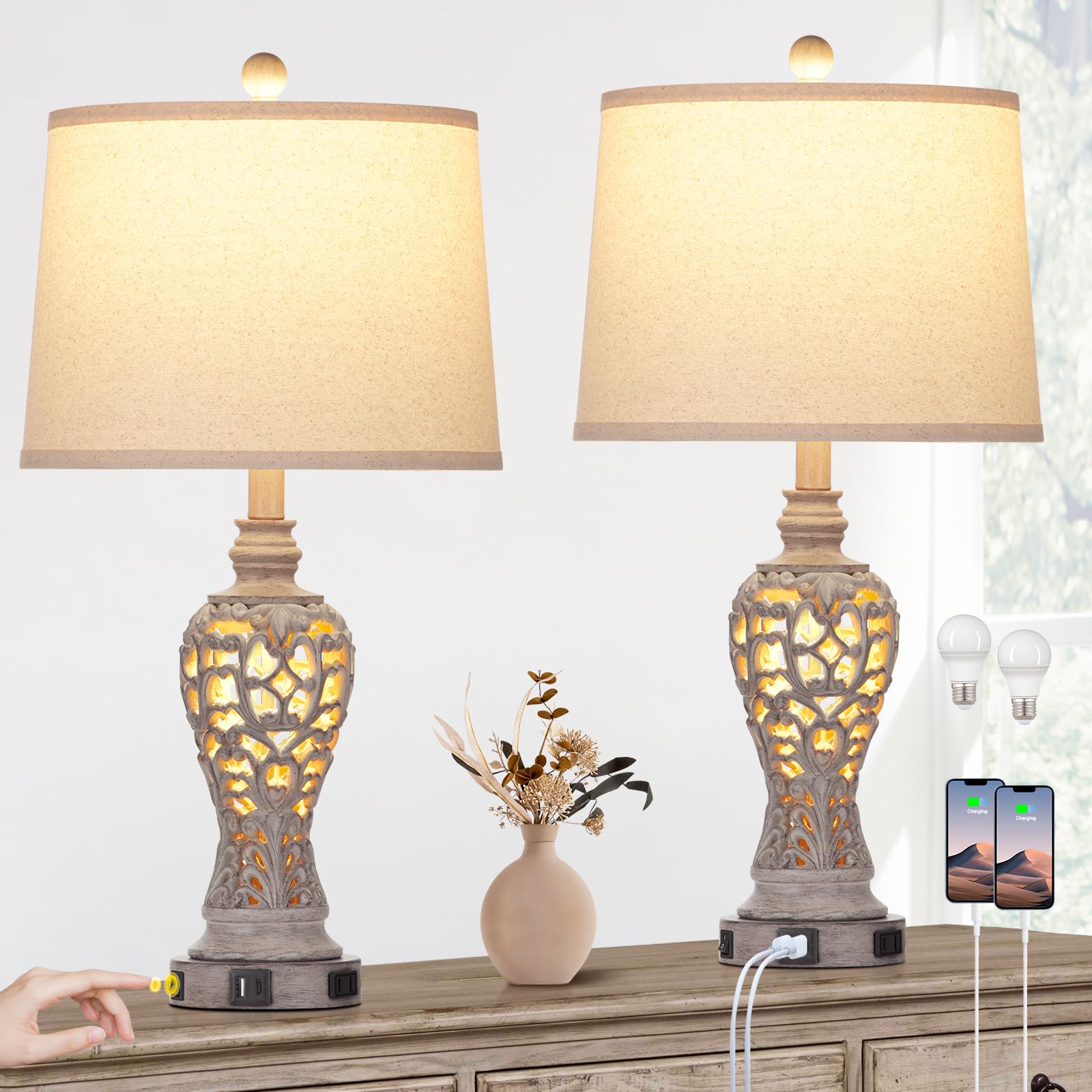 Farmhouse Table Lamps Set of 2 with Nightlight, Rustic Bedside Lamps