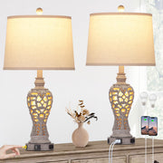 Farmhouse Table Lamps Set of 2 with Nightlight, Rustic Bedside Lamps