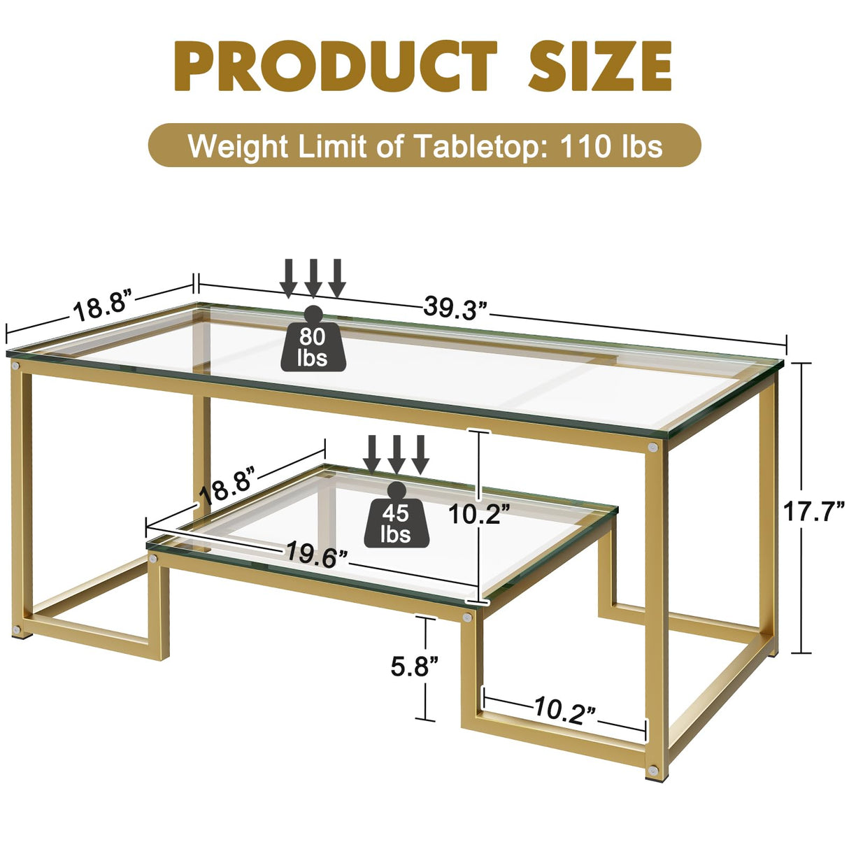 Coffee Table Gold Glass Coffee Table for Living Room,2 Tiers Rectangle Center Table