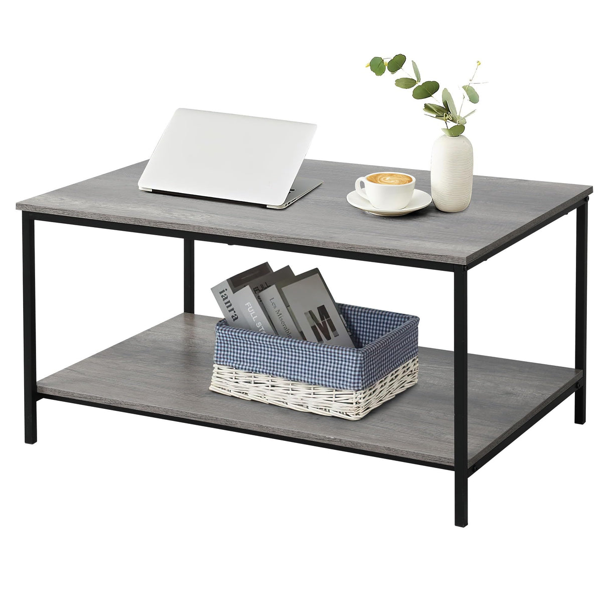 2-Tier Coffee Table with Storage Shelf for Small Living Spaces, Grey Oak Rectangle Wood