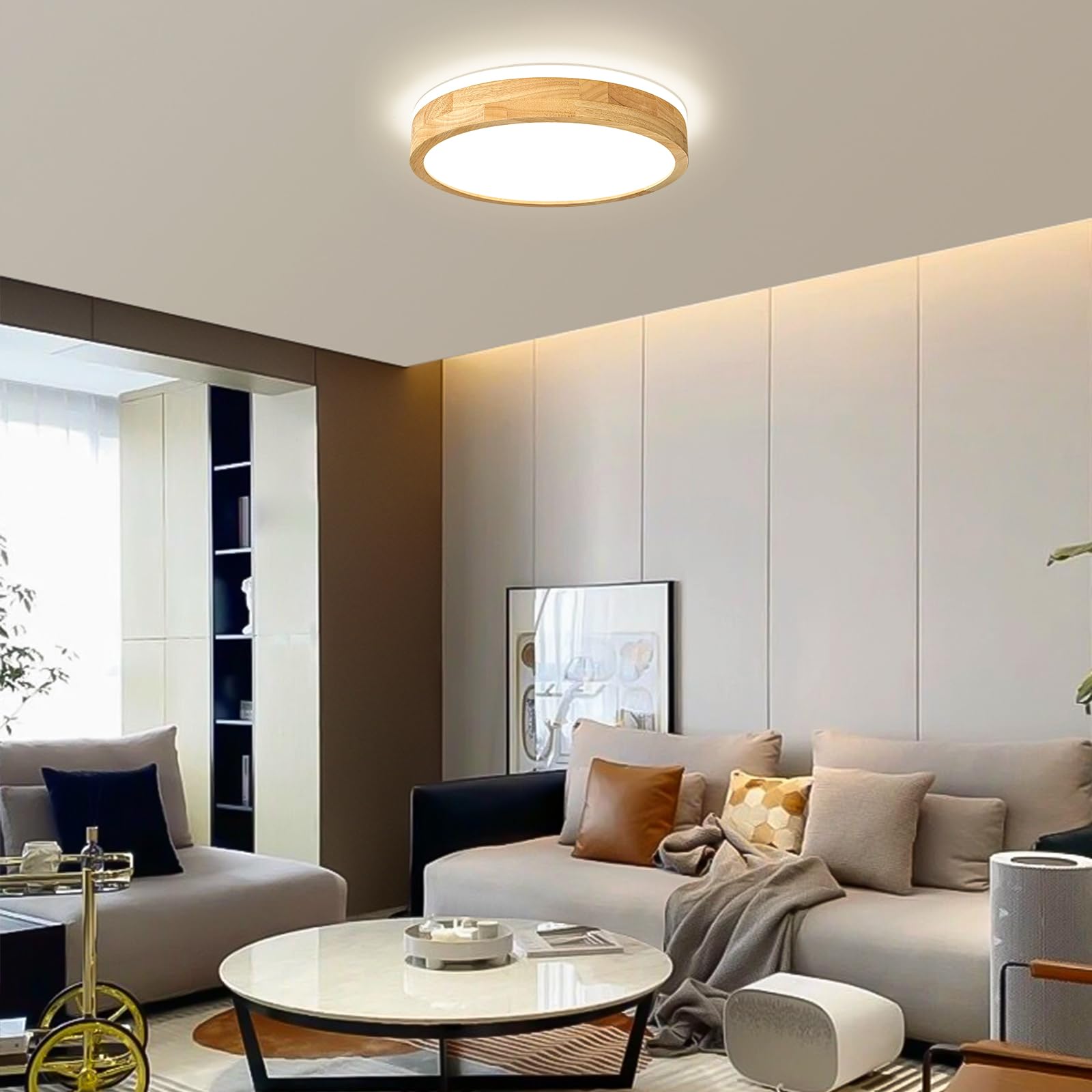 Modern Dimmable Wood Flush Mount Ceiling Light - 15.74in Round LED