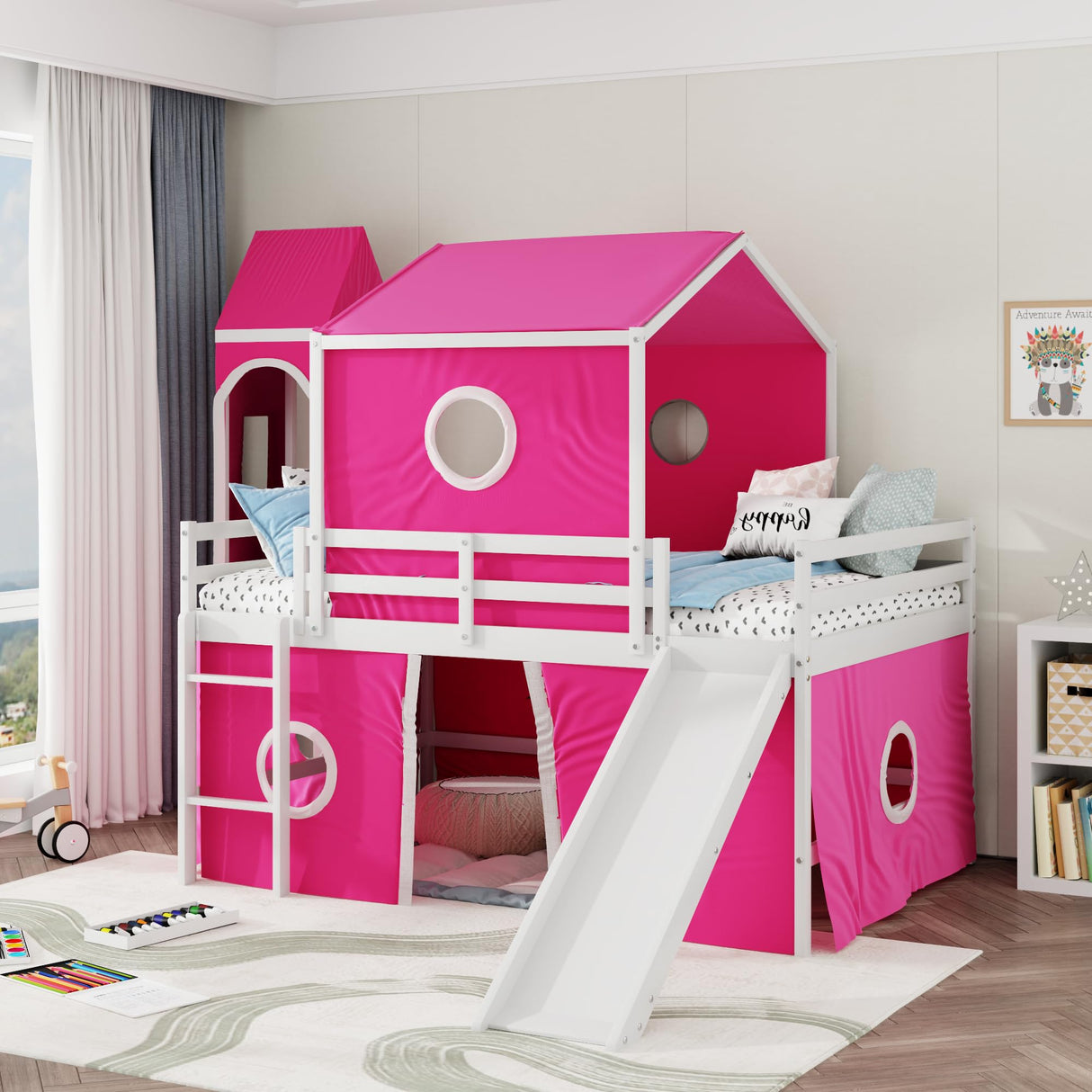 Full Loft Bed with Slide and Curtains, Full Over Full Floor Bunk Bed with House Shape Tent