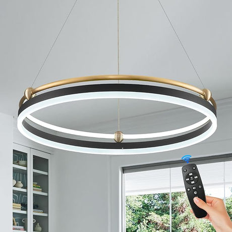 10-Rings Modern LED Chandelier Black Gold Large Dimmable Remote Chandeliers Lighting for Foyer,