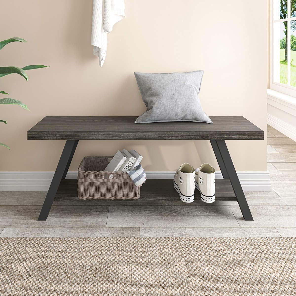 Storage Bench, Industrial Indoor Entryway Bench, Wood Metal Hallway Accent Bench
