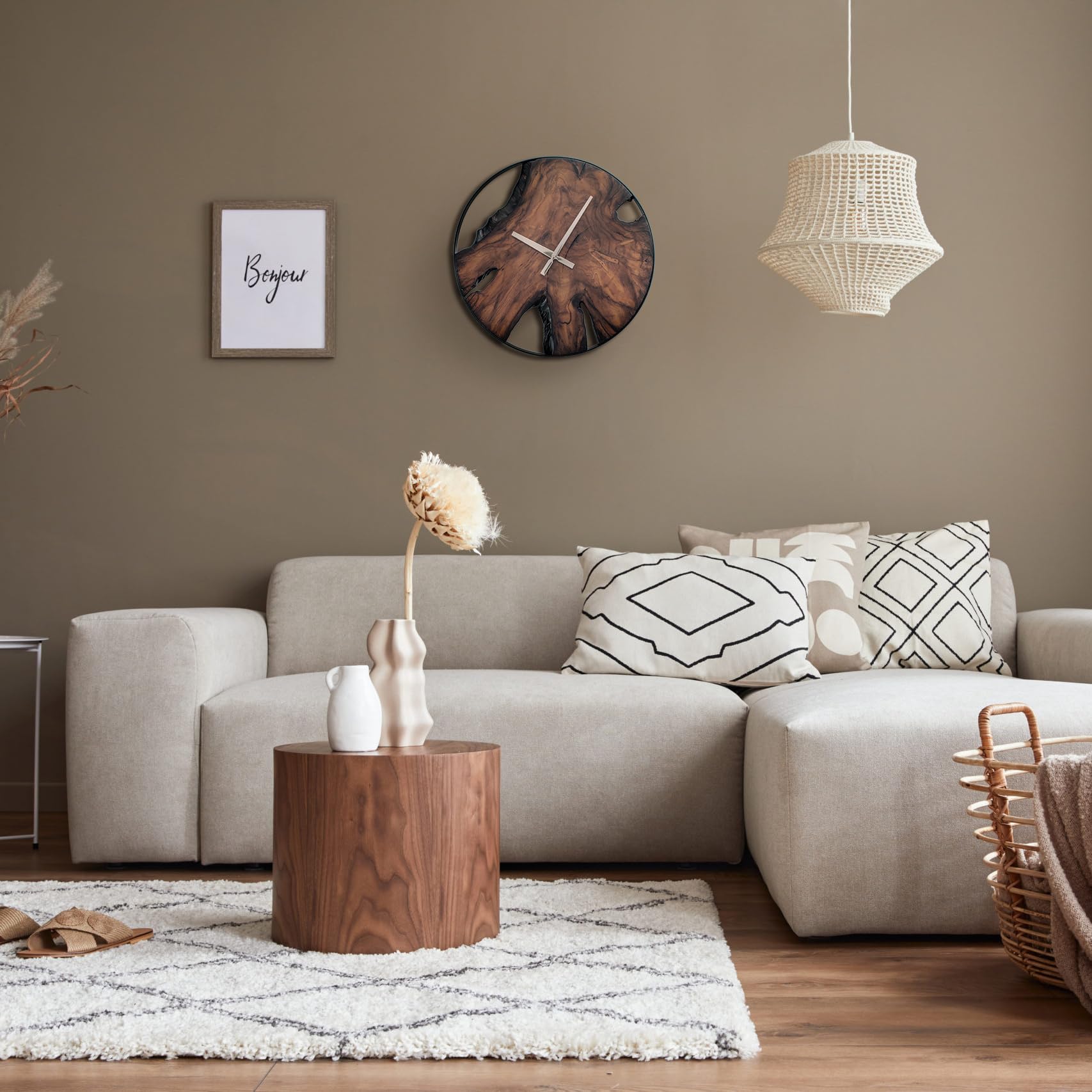 Rustic Wood Wall Clock - Unique Modern Live Edge Teak Dial with Large Black Metal Frame,