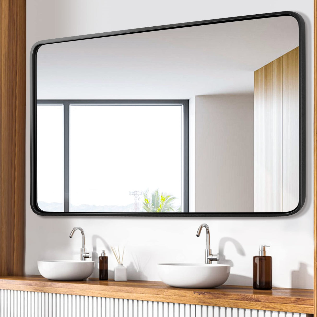 16x24 inch Black Bathroom Rectangle Mirror for Wall Decor Metal Frame Round Corner Matte Rectangular