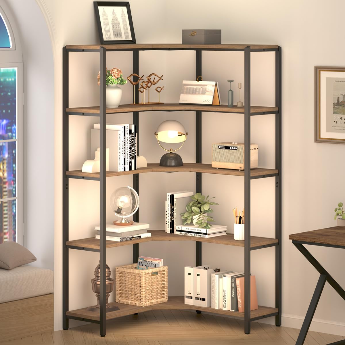 Corner Bookshelf with Storage, Tall Industrial L Shaped Book Shelf Organizer, Large