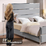 Queen Size Bed Frame with 59" Tall Headboard, Velvet Upholstered Platform Bed