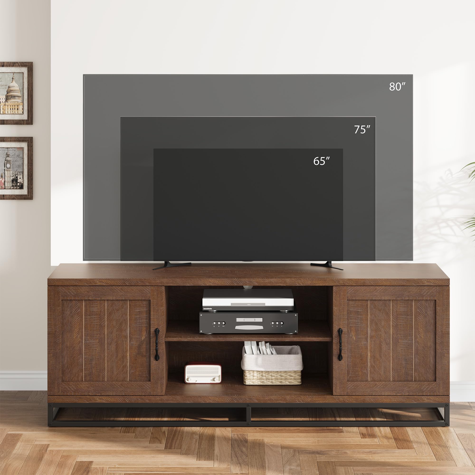 Farmhouse TV Stand for 75-Inch TVs - Walnut Entertainment Center