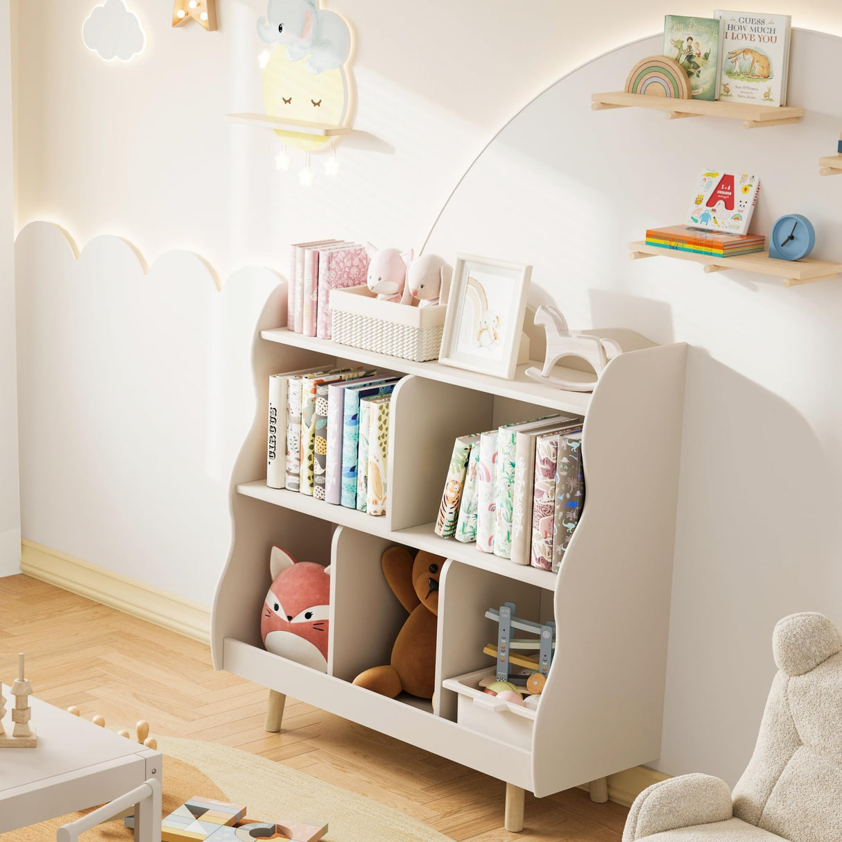 Bookshelf and Toy Storage Orangizer, 3-Tier Wooden Children's Bookcase with Curve