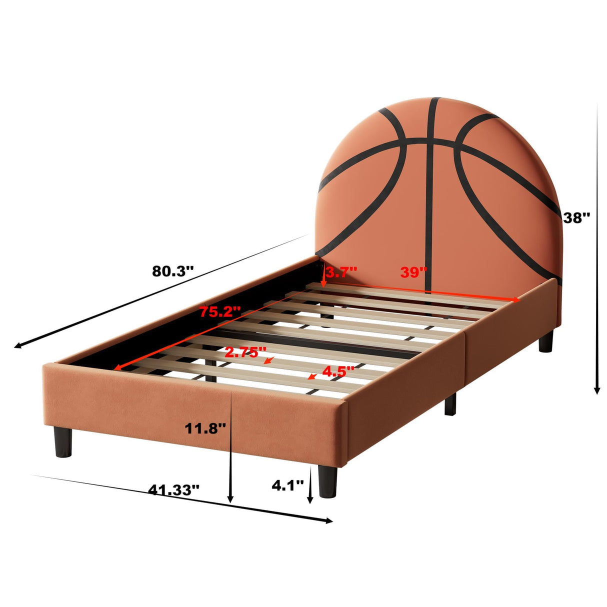 Merax Basketball Design Velvet Upholstered Platform Bed for Boys, Girls, Teens, Twin Metal Platform Bed Frame for Bedroom, Children's Room, Solid Wooden Slat Support, No Box Spring Needed, Orange