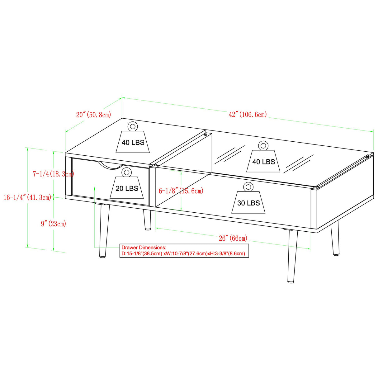 Montclair Mid Century Modern Two Toned 1 Drawer Coffee Table, 42 Inch