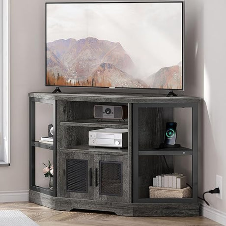 Corner TV Stand for TVs up to 55 Inch with Power Outlet, Modern Farmhouse