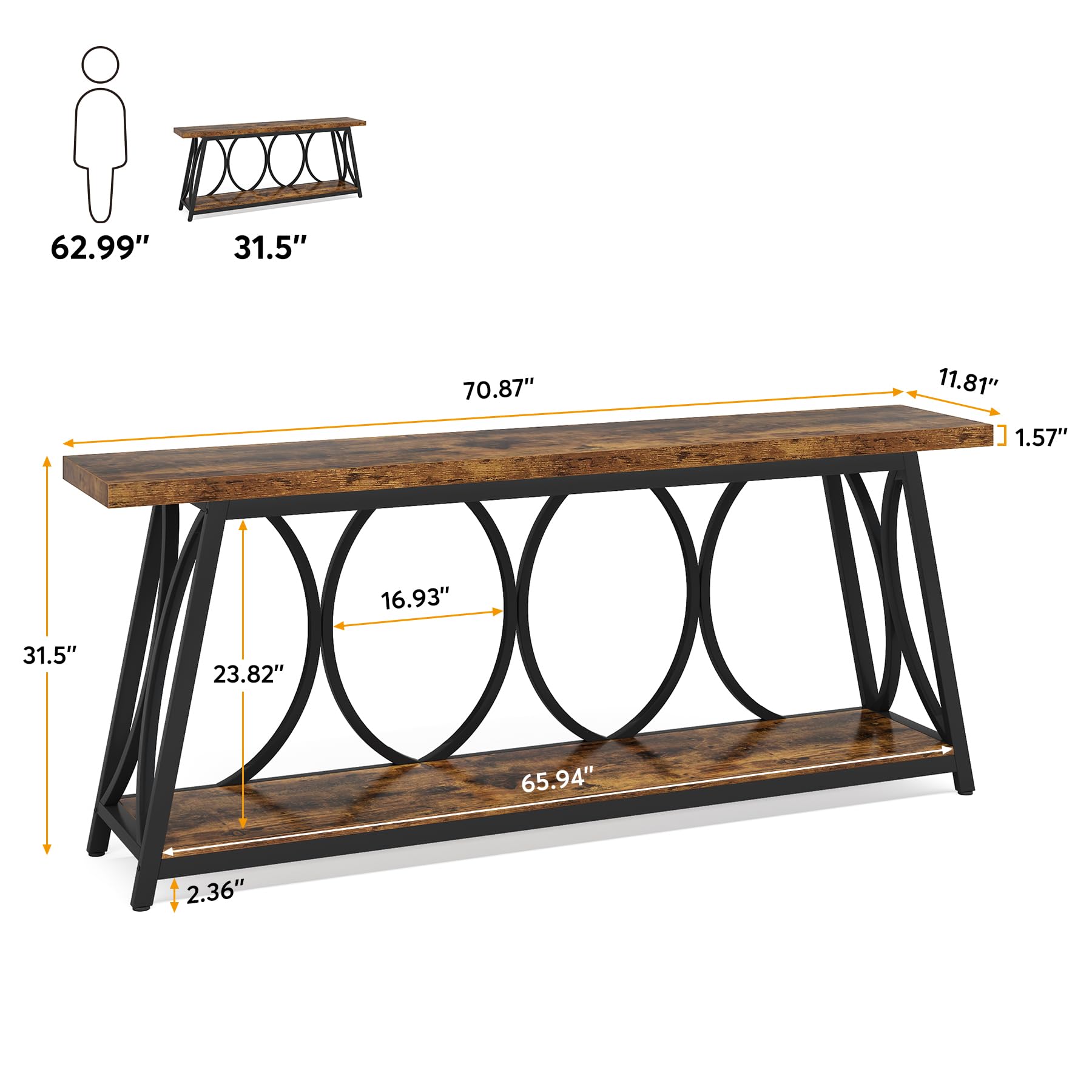 70.9 inch Extra Long Console Table, Industrial Sofa Table Behind Couch with 2 Tier Storage Shelf