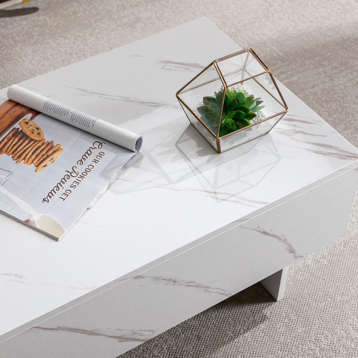 41" Marble White Cool Coffee Table for Living Room,Rectangular Glossy Smart Contemporary Center