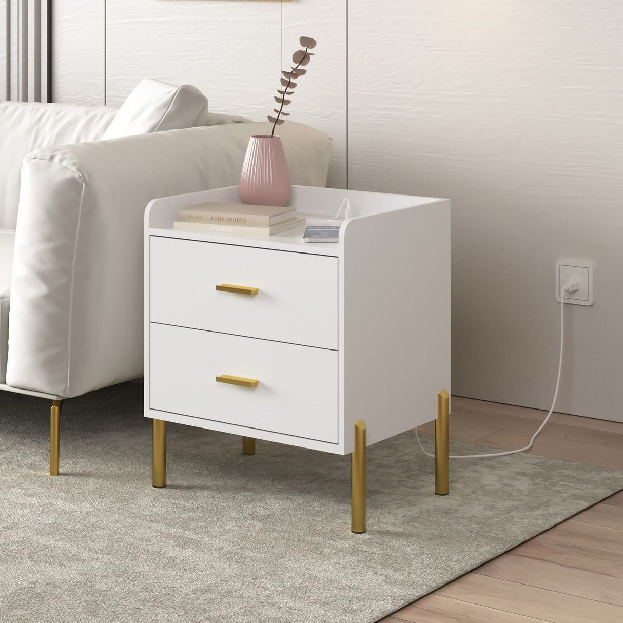 White Nightstand Set of 2,Mid Century Modern End Table with Charging Station