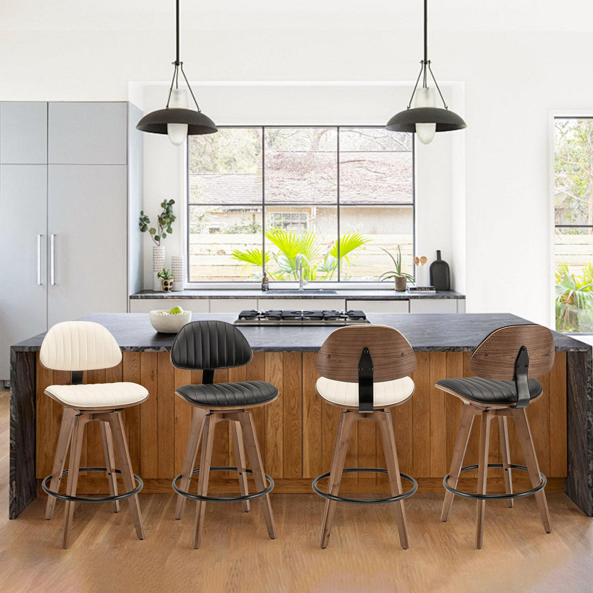 Modern Bar Stools Set of 2,Swivel Counter Stools with Backs,26'' Leather Kitchen Island Chairs