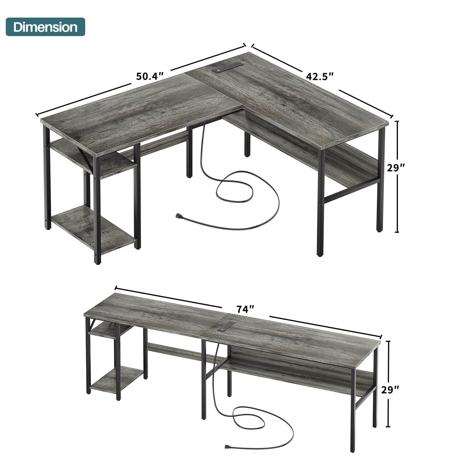 Reversible L Shaped Desk with Magic Power Outlets and USB Charging Ports