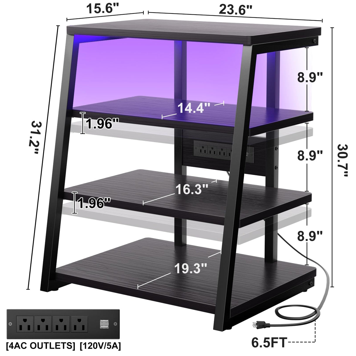 4-Tier AV Media Stand with Power Strips, Corner TV Stand with LED Lights