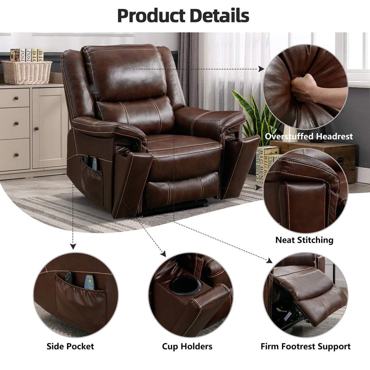 Large Genuine Leather Power Lift Recliner Chair for Elderly, Lay Flat Dual Motor Recliner