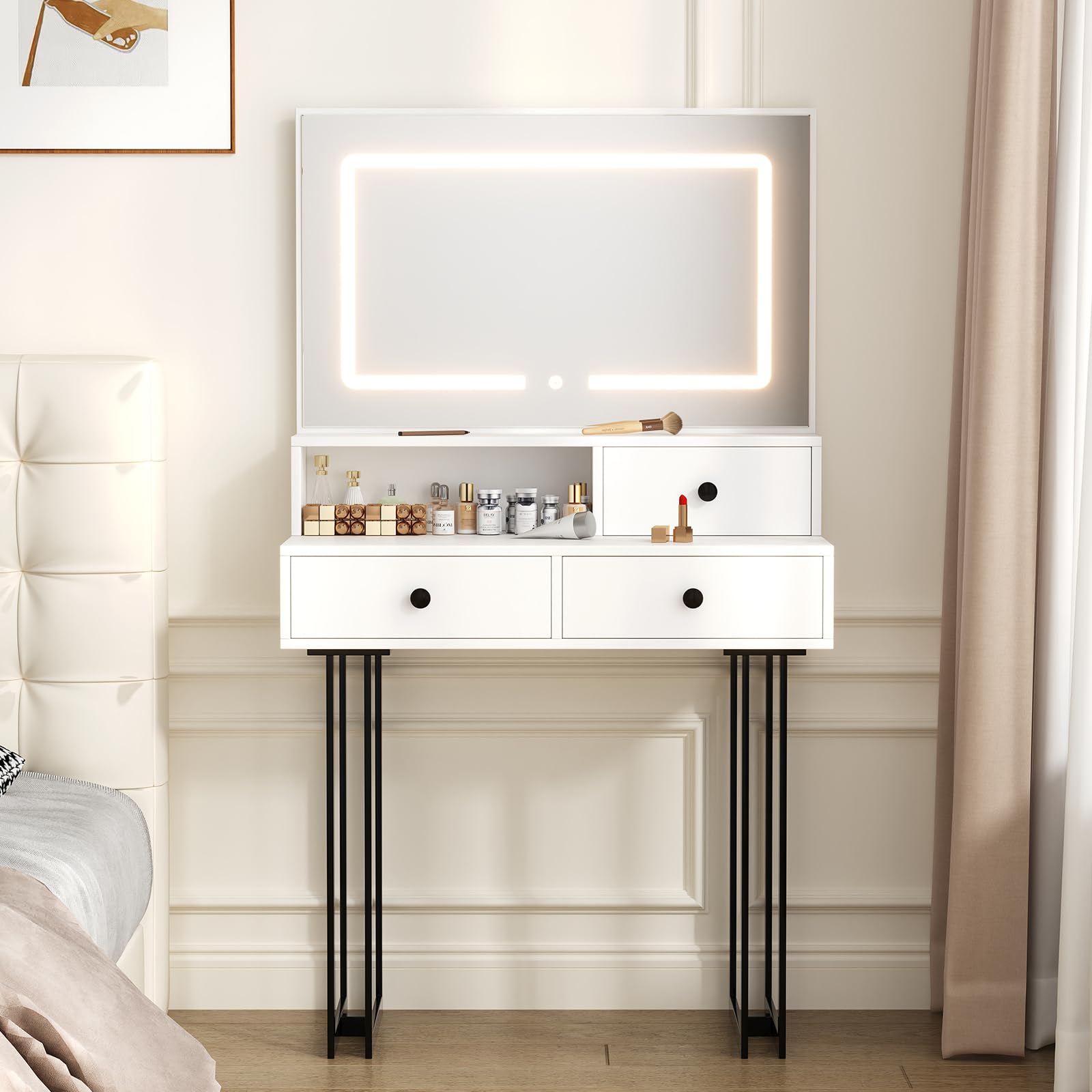 White Vanity Desk with Mirror, Metal Vanitys with 3 Drawers