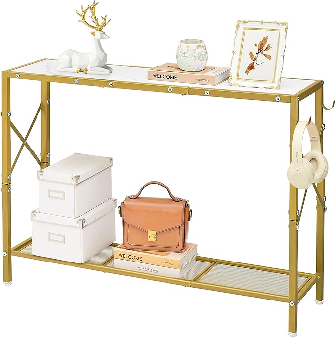 Gold Console Table, 2 Tier Narrow Entryway Table with Shelves and Hooks,