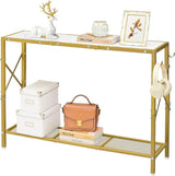 Gold Console Table, 2 Tier Narrow Entryway Table with Shelves and Hooks,