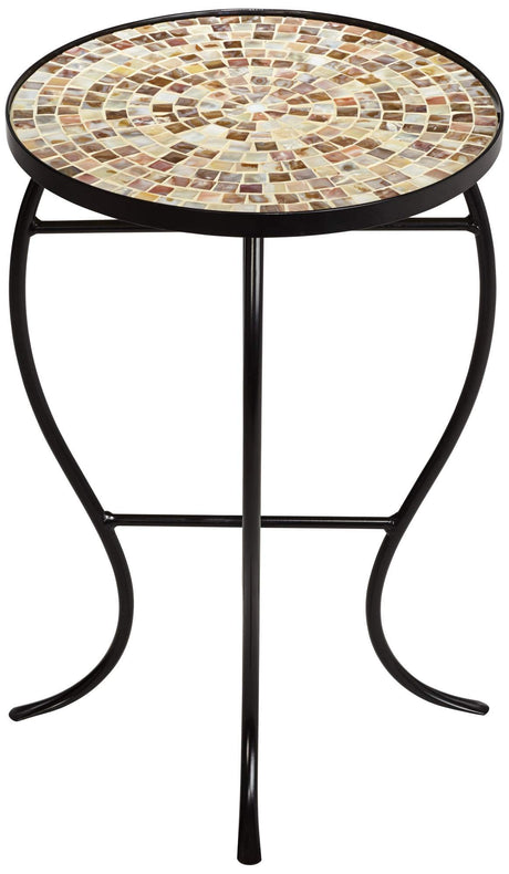 Teal Island Designs Mother of Pearl Modern Black Metal Round Outdoor Accent Side Table 14" Wide Natural Mosaic Tile Tabletop Gracefully Curved Legs for Spaces Porch Patio Home House Balcony Deck - Bircata